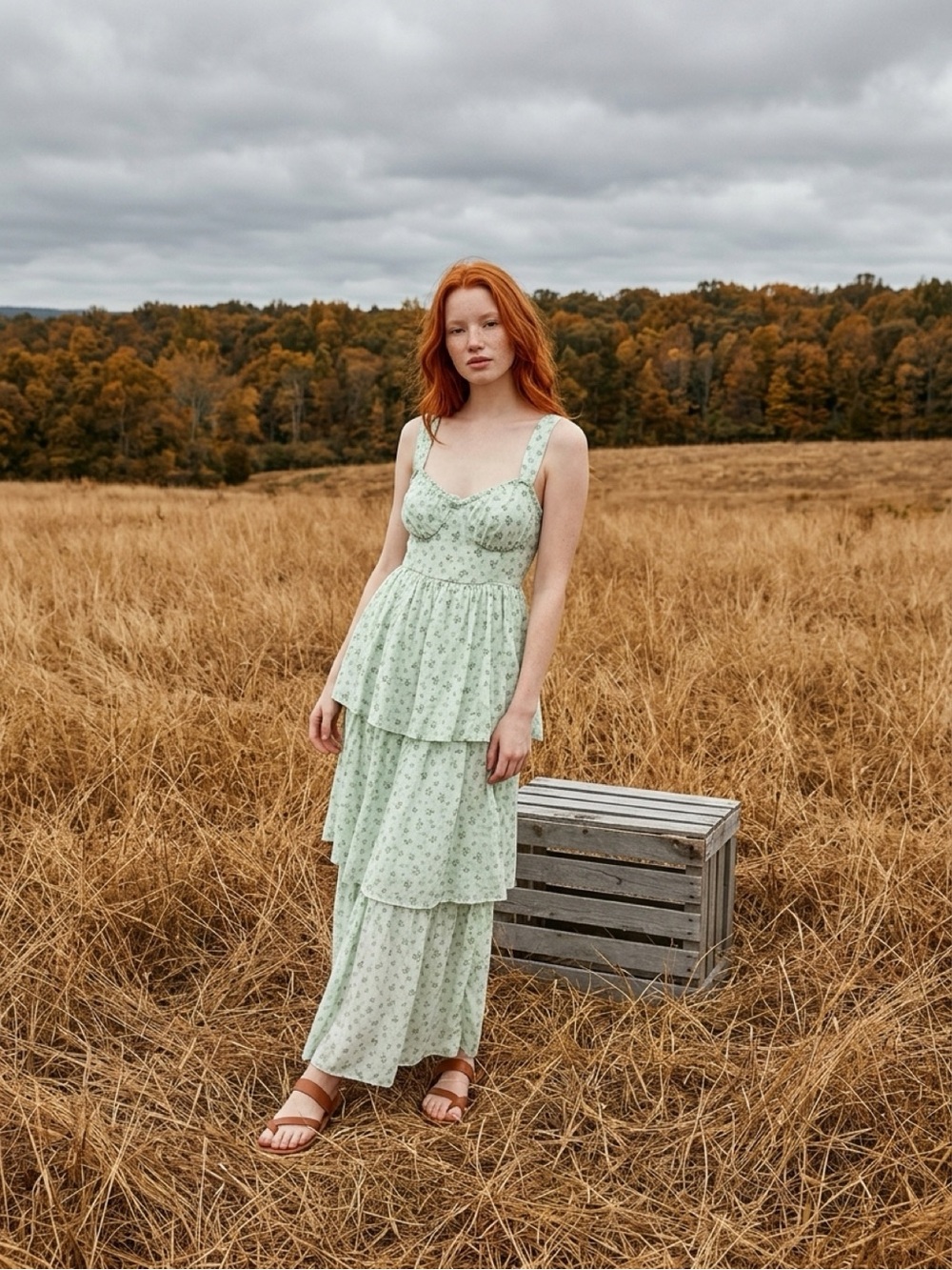 MINE Green Floral Print Tiered Ruffle Maxi Dress Green & White Medium